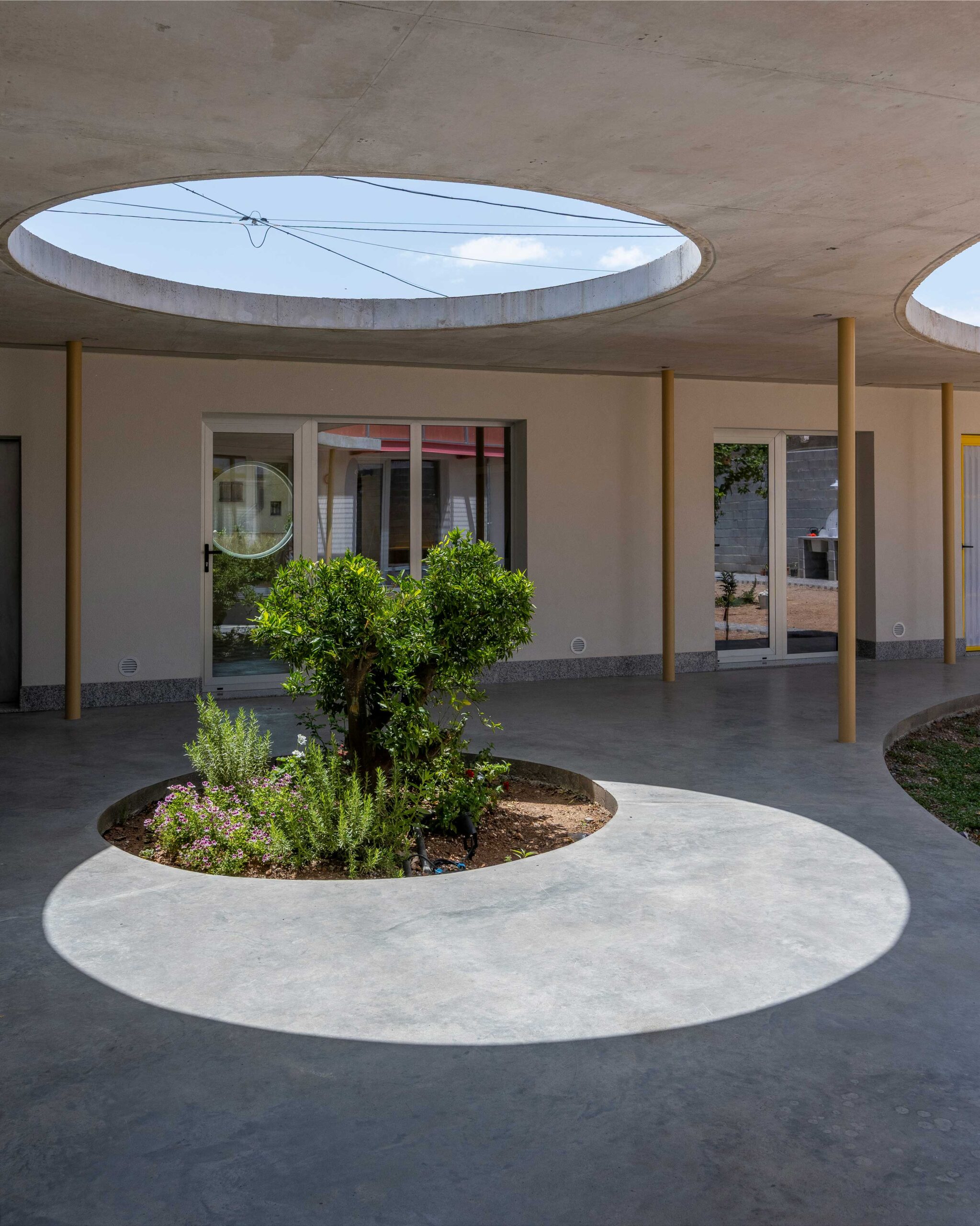 Patio formado por solera y losa de hormigón visto con un hueco circular y alcorque.